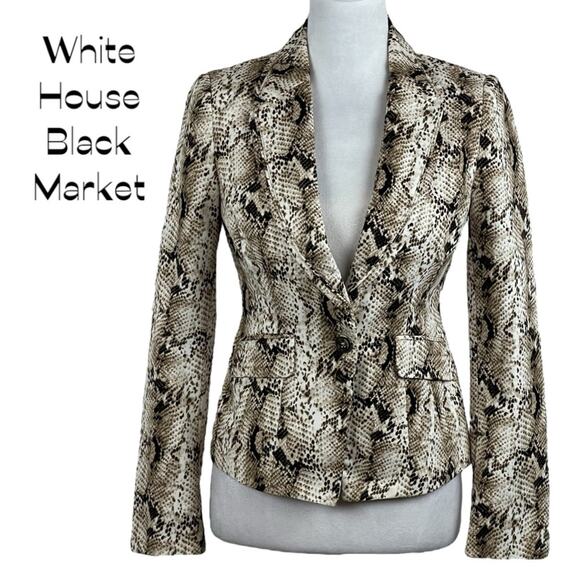 White House Black Market Brown Cream Snakeskin Print Fitted Jacket NWOT Size 00 - Picture 2 of 10